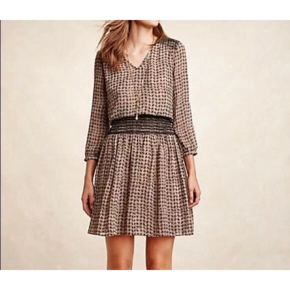 Anthropologie Vanessa Virginia Daytripper Black Tan Smocked Dress Size XS